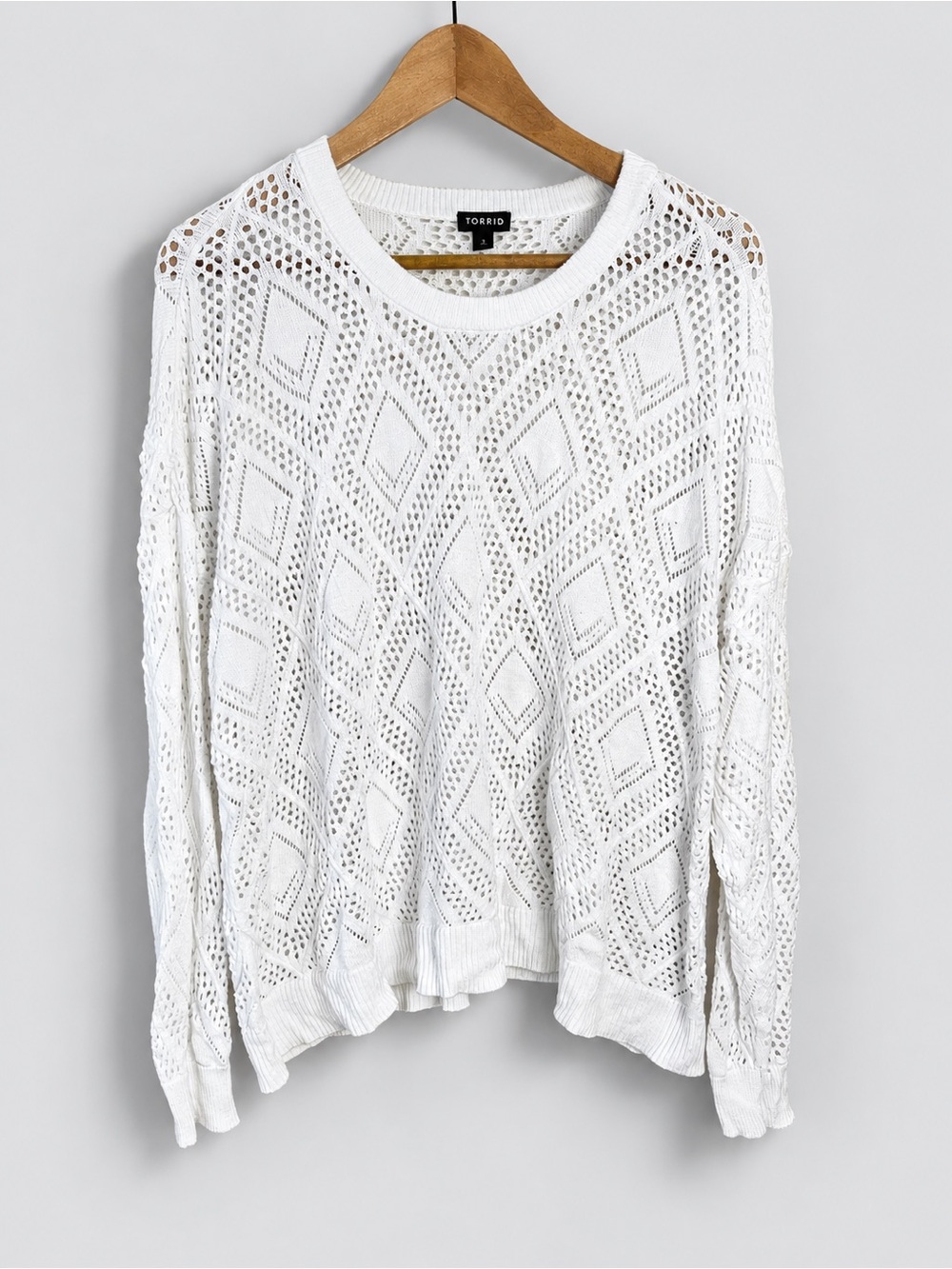 Torrid White Open-Knit Diamond Pullover Scoop Neck Lightweight Sweater Size 2X